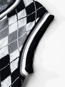 Manfinity Homme Men's Plus Size Diamond Grid Casual Daily Wear Knitted Vest,Fall/Winter Unisex Style, Couple Outfit, Best Holiday Gift - Black and White - View 4