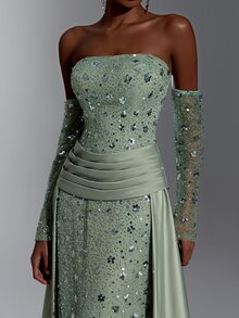 Elitara Elegant Olive Green Sequin Embroidered Strapless Mermaid Evening Gown With Long Gloves And Ruched Satin Overskirt For Wedding, Gala And Formal Party - Olive Green - View 5