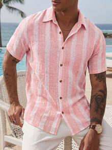 VENTUSAIL Men's Yellow Woven Striped Summer Lightweight Slim Fit Casual Vacation Short Sleeve Shirt - Pink - View 1