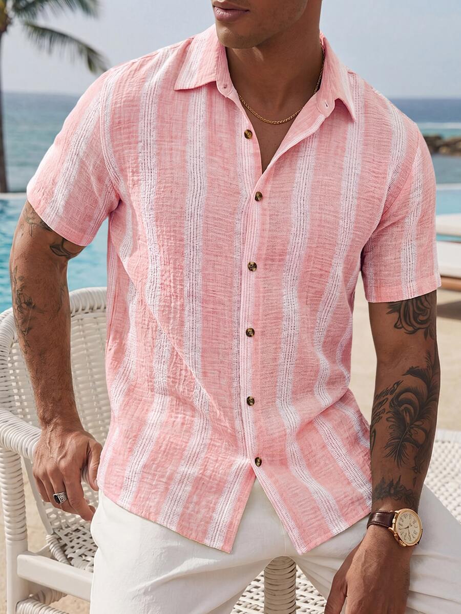 VENTUSAIL Men's Yellow Woven Striped Summer Lightweight Slim Fit Casual Vacation Short Sleeve Shirt - Pink - View 1