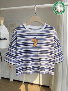 TOM & JERRY X SHEIN SHEIN EZwear 大尺碼休閒條紋卡通印花圓領短袖短版T恤，適合夏季外出 - 彩色 - 查看 1
