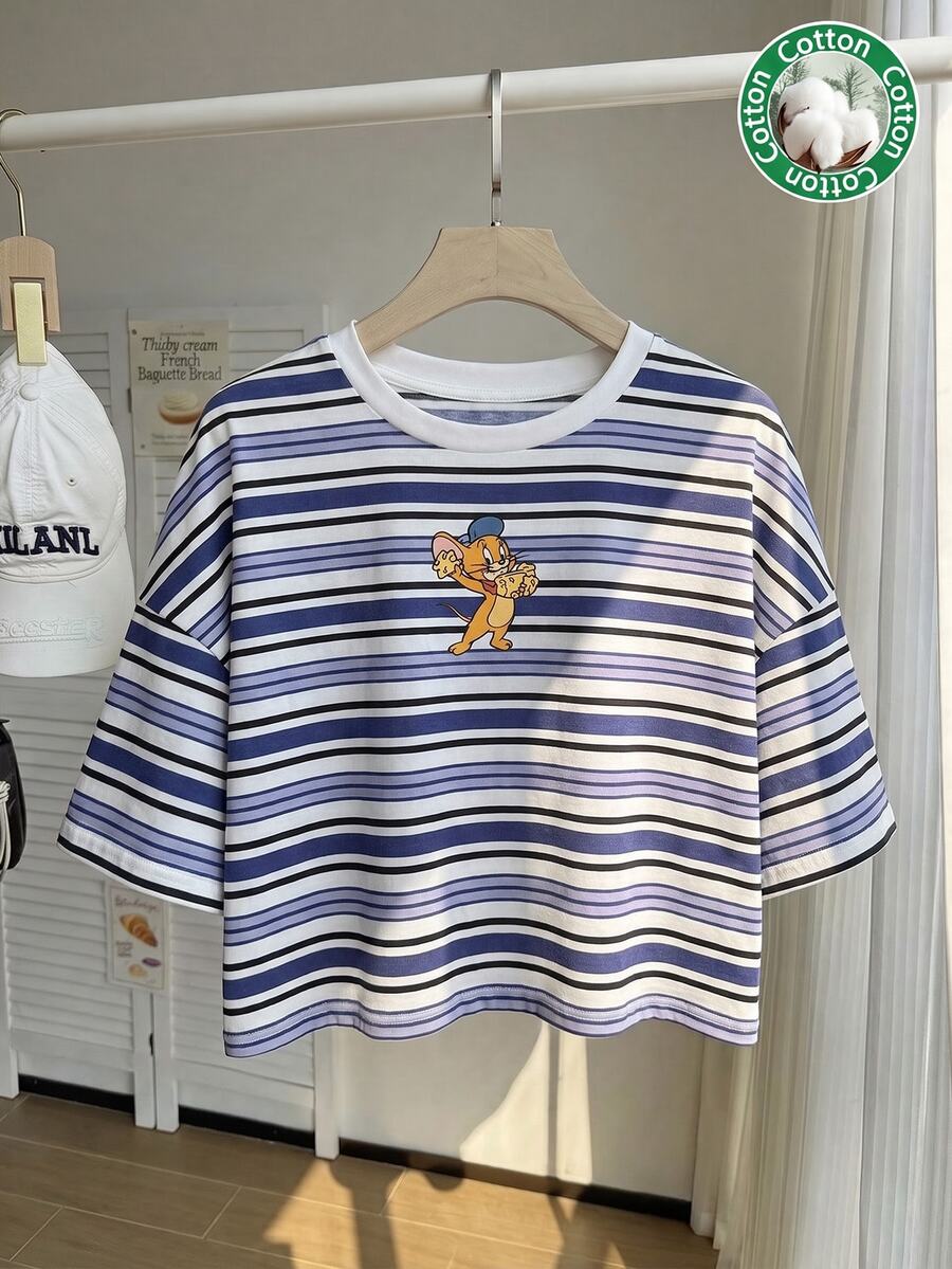 TOM & JERRY X SHEIN SHEIN EZwear 大尺碼休閒條紋卡通印花圓領短袖短版T恤,適合夏季外出 - 彩色 - 查看 1