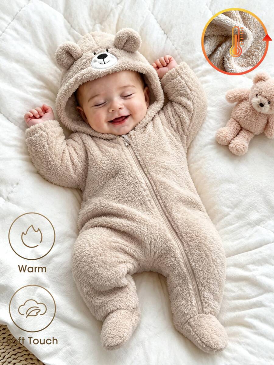 SHEIN Vintaside Kids 新生兒冬季可愛連帽連身衣,附毛絨熊耳朵,柔軟泰迪熊風加厚抓絨連身褲,男女通用秋季爬行服 - 棕色 - 查看 1