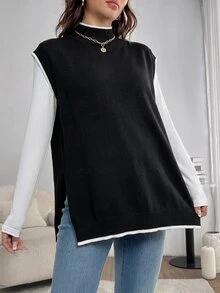 SHEIN 孕婦秋冬休閒拼接飾邊側開衩針織背心 - 黑與白 - 查看 5