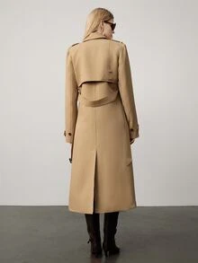 SHEIN 女款編織素色正肩長袖收腰半開襟下擺開衩戶外休閒日常通勤辦公春秋冬風衣外套 - 卡其色 - 查看 4
