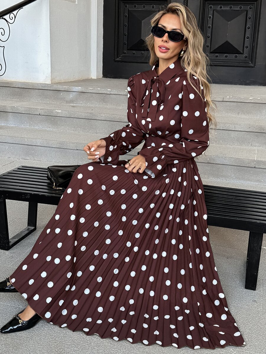 Pariaura Brown Polka Dot 4-Way Stretch Printed Neckline Ribbon Hem Pleated Waist Women's Long Dress - Brown - View 1