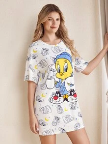 LOONEY TUNES X SHEIN Set Piyama Atasan dan Celana Pendek Motif Kartun untuk Wanita - Putih - View 4
