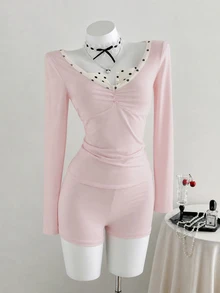 Elamini Women's Polka Dot Colorblock Pleated Casual Daily Wear Romper - Pink - View 3