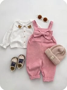 SHEIN 女嬰粉色百搭可愛蝴蝶結燈芯絨吊帶褲 - 粉色 - 查看 7