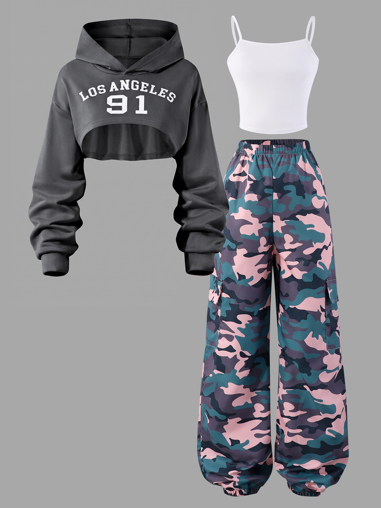 SHEIN 3pcs/Set Camouflage Pattern Hoodie Top And Camisole Top With Camouflage Casual Tapered Leg Pants, Suitable For Spring And Autumn Daily Wear, Fall Tops - Multicolor - View 1