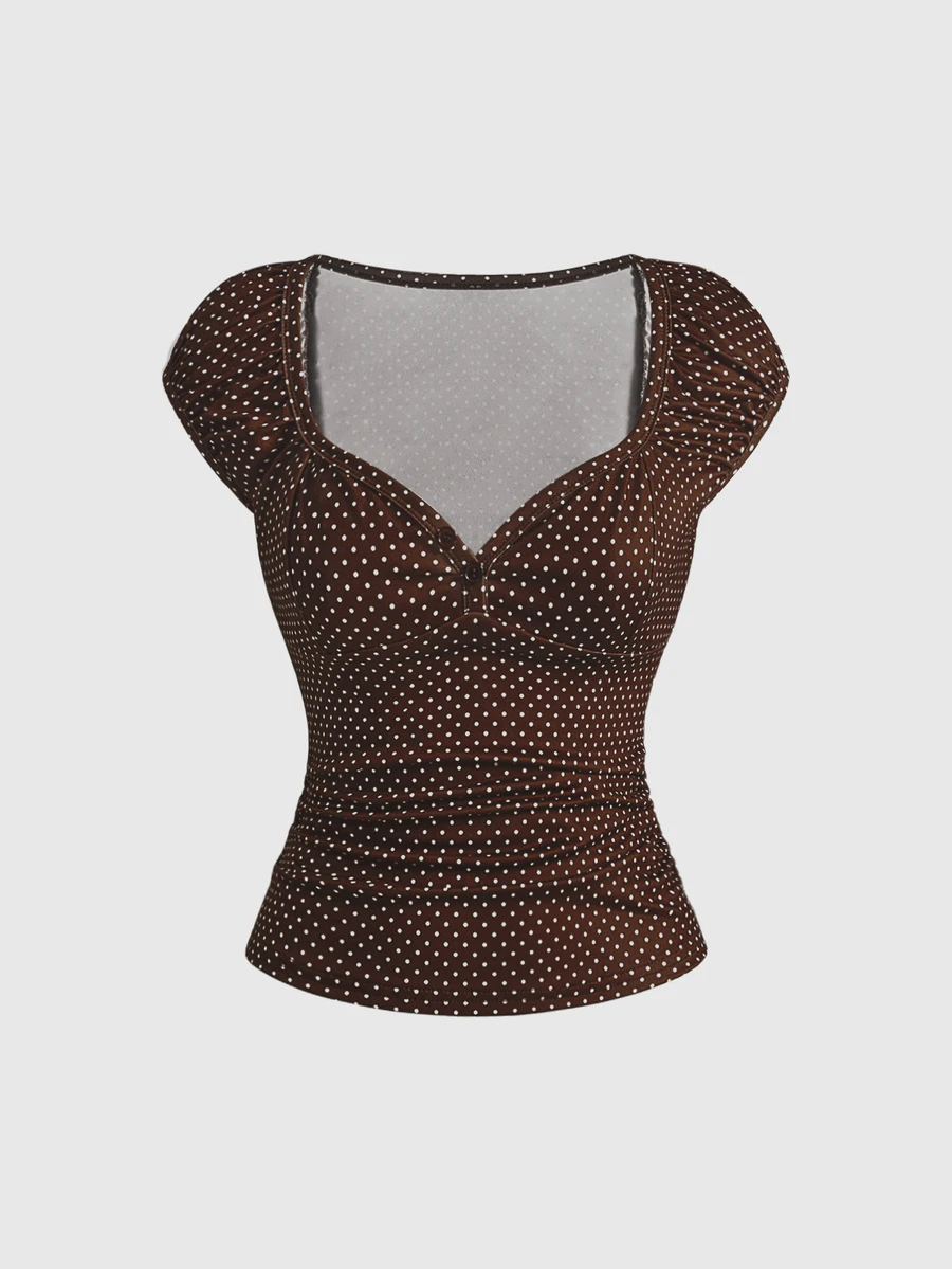 ROMWE Y2K Vintage Sweetheart Square Neck Puff Princess Sleeve Women's T-Shirt, Solid Color Casual Daily Wear - Brown - View 1