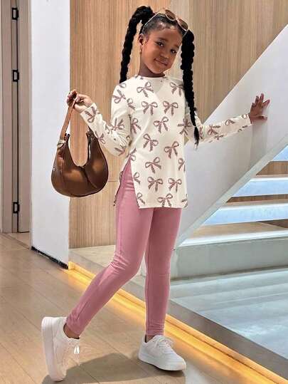 Tween Girls Loose Long Sleeve Top & Side Slit Skinny Leggings 2 Pieces Set