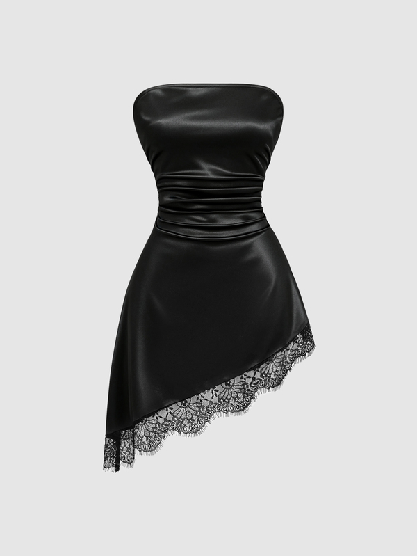 Sweetra Early Autumn New Strapless Waist-Cinching Sexy Minimalist Sexy Daily Slimming Banquet Party Fashion Personality Lace Patchwork Short Women's Dress
