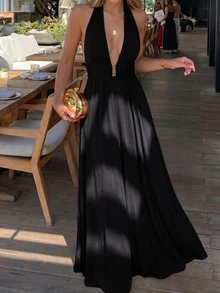 Avenya Halter Neck Tie Deep V-Neck Metal Buckle Dress - Black - View 4