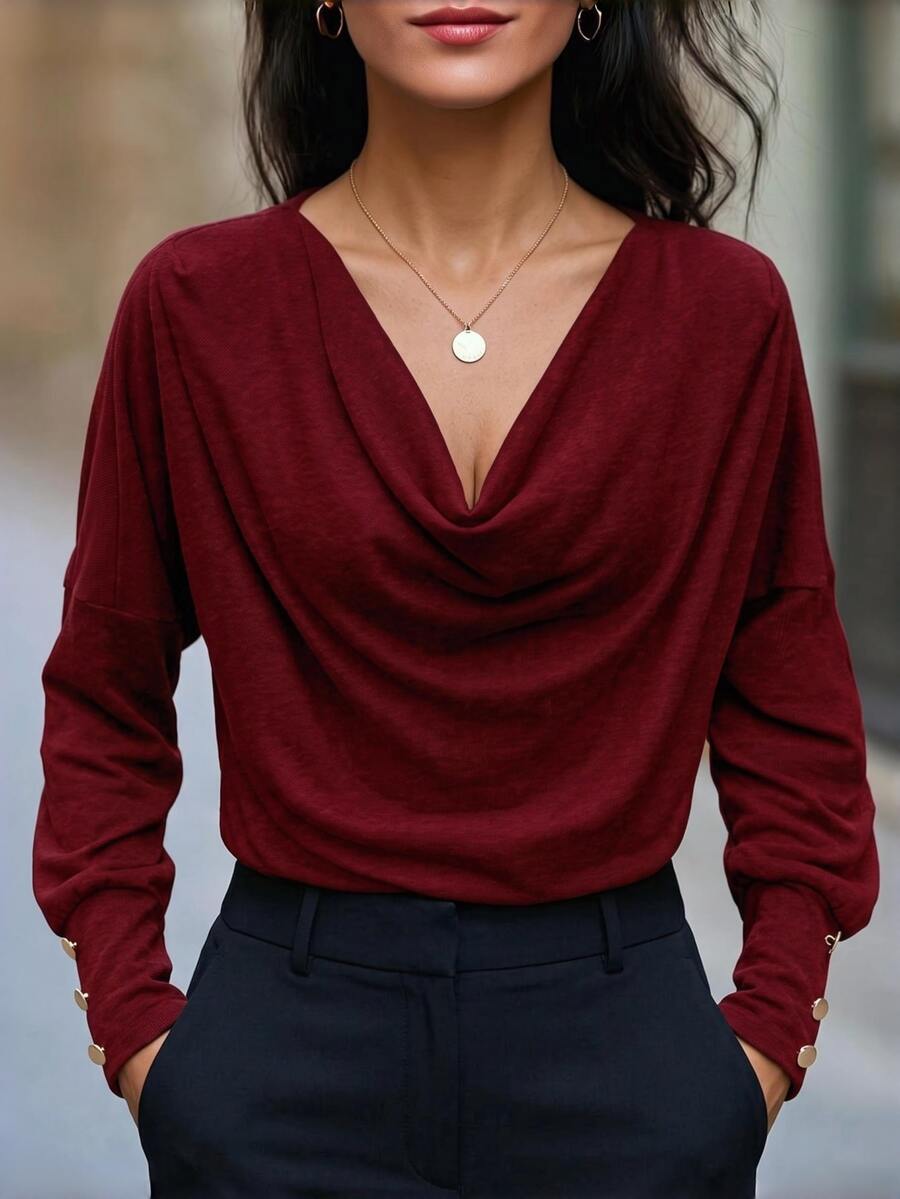 SHEIN Women's Solid Color Casual Versatile Daily Long Sleeve T-Shirt - Burgundy - View 1