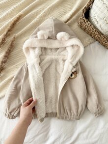 SHEIN Vintaside Kids 嬰兒男嬰女嬰中性 0-3 歲幼兒可愛休閒燈芯絨保暖內裡加厚熊頭貼布 3D 耳飾連帽拉鍊燈芯絨夾克，男嬰秋冬夾克 - 杏色 - 查看 6