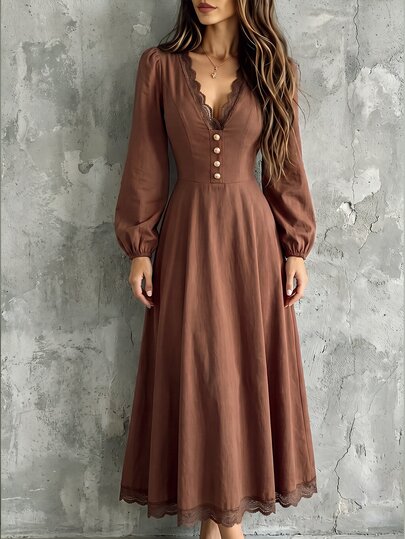 SHEIN Vestido largo para mujer, conjunto de otoño/invierno, vestido con ribete de encaje, vestido con escote en V, vestido con mangas de pétalo, vestido con dobladillo en A, vestido con patchwork de encaje