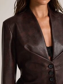 SHEIN BAE بليزر نسائي من جلد البولي يوريثان بأكمام طويلة وتصميم أحادي الصدر عصري - بني - مشاهدة 6