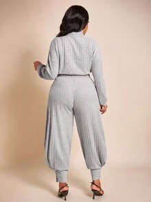 Brilight Grey Ribbed Knit 2 Pieces Loungewear Set V Neck Long Top High Waist Jogger Pants For Daily Lounge Str - Grey - View 2