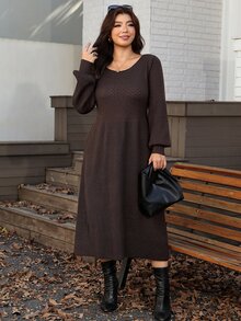 Comfylo Plus Size Women's Knit Dress, Autumn/Winter, Round Neck, Long Sleeve, Mid-Length, Soft And Comfortable - Coffee Brown - View 6
