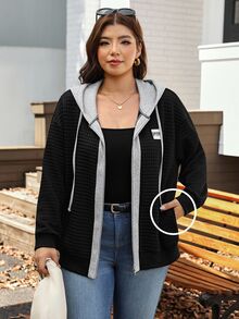 Comfylo Plus Drop Shoulder Drawstring Hoodie For Spring & Fall Travel Outfit Airport - Black - View 1