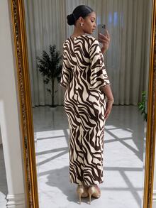 SHEIN Lady CURVE Plus Size Women's Zebra Print V-Neck 3/4 Sleeve Knot Design Elegant Dress Fall - Multicolor - View 2