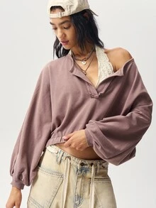 Bohemela Women's Solid Color Notched V-Neck Batwing Long Sleeve Loose Casual Sweatshirt - Khaki - View 3