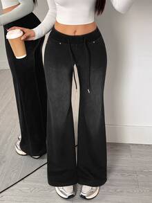 Flexra Vintage Gradient Washed Comfortable Elastic Drawstring Waist Distressed Denim Loose Flared Pants Four-Way Stretch Slimming Leg-Lengthening Bell Bottom Long Pants Commute Slouchy Casual Super Soft Jeans - Black - View 2