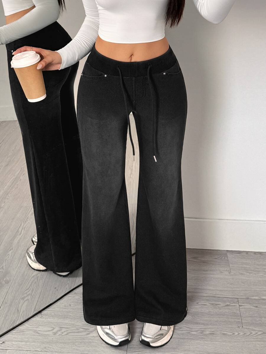 Flexra Vintage Gradient Washed Comfortable Elastic Drawstring Waist Distressed Denim Loose Flared Pants Four-Way Stretch Slimming Leg-Lengthening Bell Bottom Long Pants Commute Slouchy Casual Super Soft Jeans