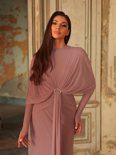 Aureia Elegant Classical Minimalist Knitted Fabric Ruched Crew Neck Back Cowl Waist Fan Pleats Bodycon A-Line Long Dress, Suitable For Dates, Vacations, Bachelorette Parties, Weddings, Back To School, All Formal Occasions, Evening Parties, Women's Bridesmaid Gown