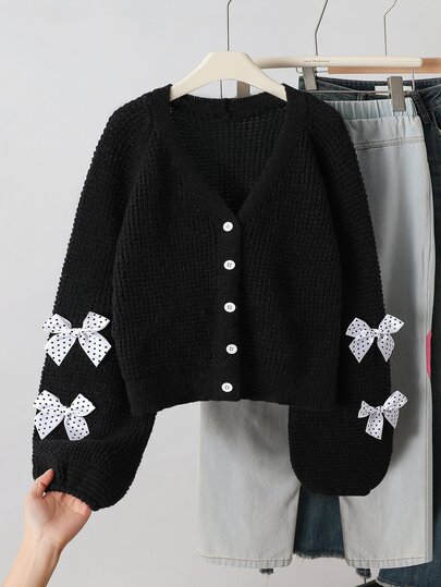Teenager Mädchen Schleife Dekor Lässig Vielseitig Täglicher Ausflug Strickjacke
