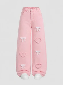 SHEIN Elladie kids Denimly 春夏大童女孩牛仔褲，淺粉色寬腿軟心刺繡鬆緊腰，搭配簡約白色T恤上衣，適合上學、生日，可愛風格 - 粉色 - 查看 3