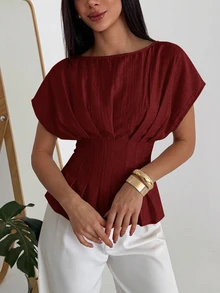 Aloruh 女款優雅通勤圓領套頭休閒條紋短袖上衣 - 酒紅色 - 查看 4
