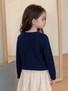 Dazy Kids Young Girls' Casual Cardigan Sweater, Basic Autumn/Winter Outer Layer, Navy Blue Contrast Color Button Front - Navy Blue - View 2