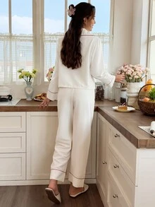 Snug Reverie Minimalist Contrast Trim Lace-Up Casual Home Loungewear 2 Pieces Set - Beige - View 2