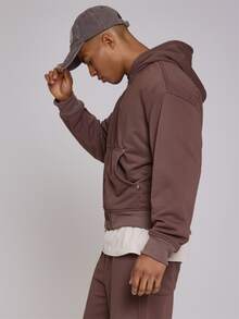 Musero Oversized Funnel Neck Button Placket Jersey Zip Up Hoodie Patch Kangaroo Pocket Detail Spring Summer Essentials Co Ord Jacket Only - Coffee Brown - View 3