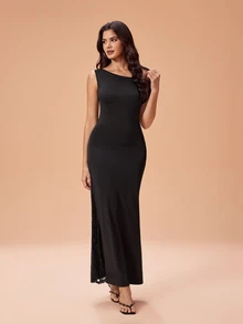 Glamance Women's Elegant Party Lace Patchwork Asymmetric Neckline Mermaid Long Dress - Black - View 3