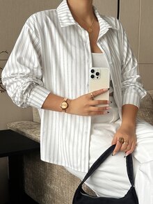 Dazy Plus Old Money Striped Loose Collar Shirt, Spring/Autumn New Casual Long Sleeve Blouse - White - View 6
