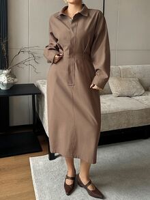 Dazy Plus Elegant High Waist Fashion Casual French Vintage Niche Design Single-Breasted Lapel Dress - Brown - View 9