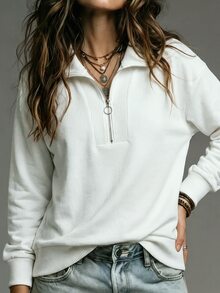 LUMIGAL Women's Half Zip Collar Sweatshirt, Ribbed Panel Long Sleeve Loose Fit Casual Basic Pullover Sweatshirt Top Everyday Travel White Autumn - White - View 4
