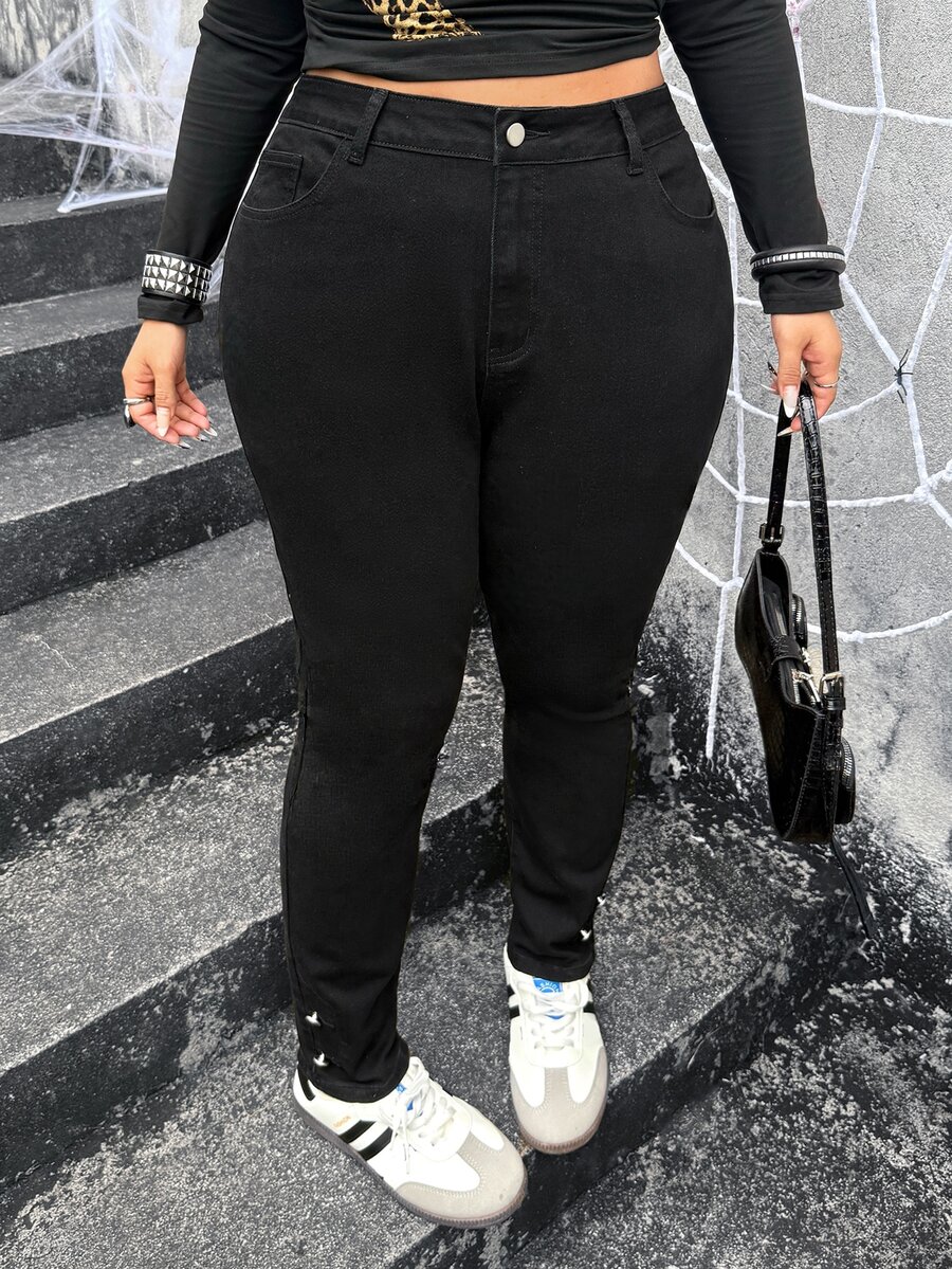 SHEIN ICON Plus Size Women's Casual Daily Wear Denim Jeans With Pockets And Buttons - Black - View 1