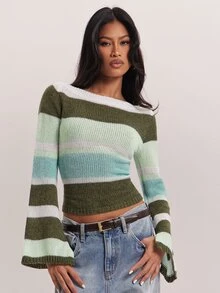 SHEIN BAE Sweater Pullover Wanita Bergaris Warna Kontras - MultiWarna - View 4