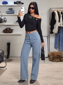 SHEIN Tall 女款鈕扣口袋水洗直筒牛仔褲 - 彩色 - 查看 4