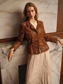 MOTF PREMIUM WOMEN'S PAISLEY EMBROIDERED SINGLE-BREASTED JACKET - Brown - View 3