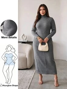 Hourglow Plus Size Waist Defined Knit Midi Dress, High Neck Ribbed Waist Bodycon Sweater Dress - Grey - View 1