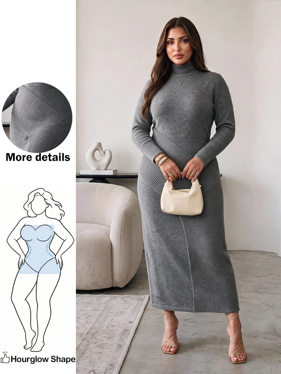 Hourglow Plus Size Waist Defined Knit Midi Dress, High Neck Ribbed Waist Bodycon Sweater Dress - Grey - View 1