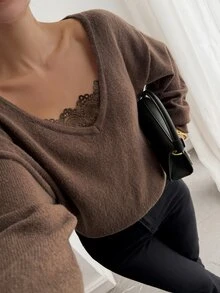 DAZY Women's Vintage Fashion Lace Patchwork Long Sleeve Sweater Fall - Brown - View 8