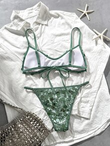 Zestiva Women's Solid Color Sequin 2-Piece Sexy Bikini Set For Beach, Vacation And Party - Mint Green - View 7
