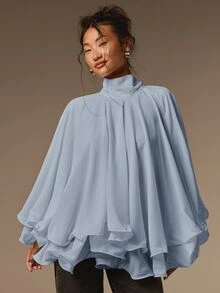 COSMINA Women's Solid Color Stand Collar Casual Versatile Daily Chiffon Blouse - Baby Blue - View 5