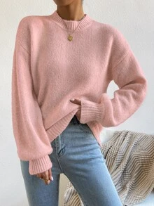 SHEIN 女款簡約優雅蓮花粉圓領針織燈籠袖套頭衫，適合日常穿著、購物、休閒、度假、旅行、約會 - 藕粉色 - 查看 3
